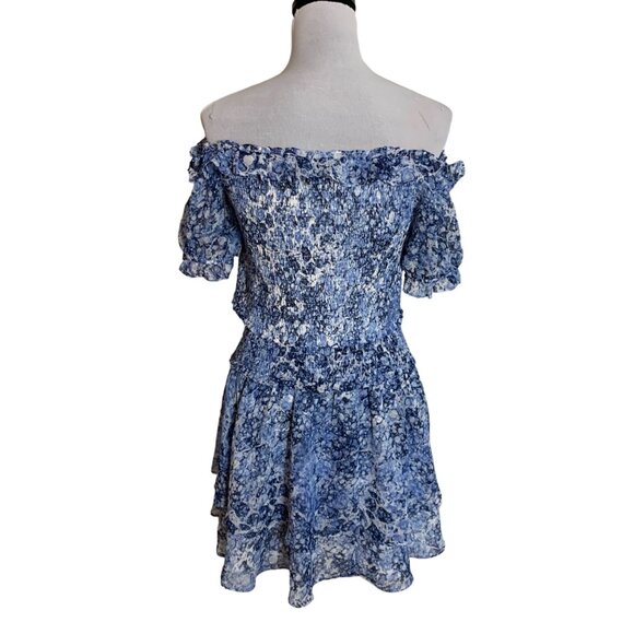 Express 2 Piece Set Off Shoulder Smocked Floral Dress Size M Blue White Crop Top - Picture 2 of 16